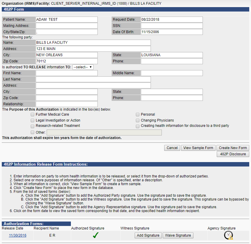 Example 402P Form page for Louisiana