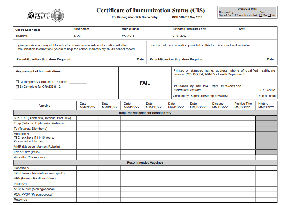 Example Certificate of Immunization Status report for Washington
