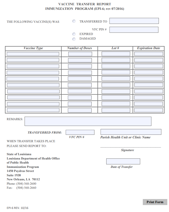 Example Vaccine Transfer Report for Louisiana